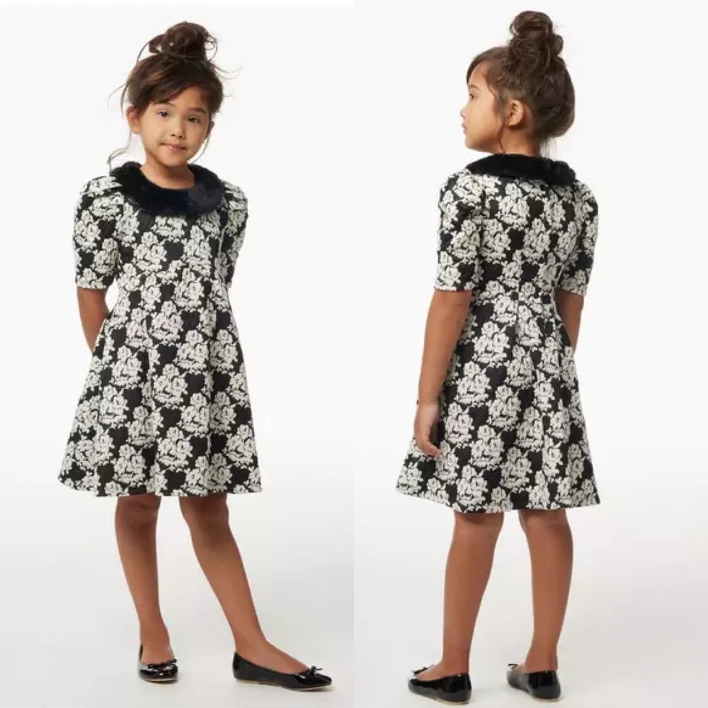 Janie and Jack Faux‎ Fur Floral Jacquard Dress Black White Size 6